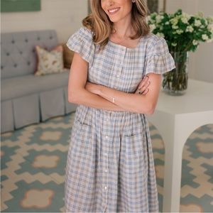 Doen Marfa Dress in Meadowlark Blue Plaid Sz XS/S Ruffle Sleeve Pintuck Bodice